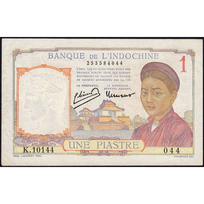 Indochine Française - Pick 54e - 1 piastre - Série K.10144 - 1949 - Etat : TTB+
