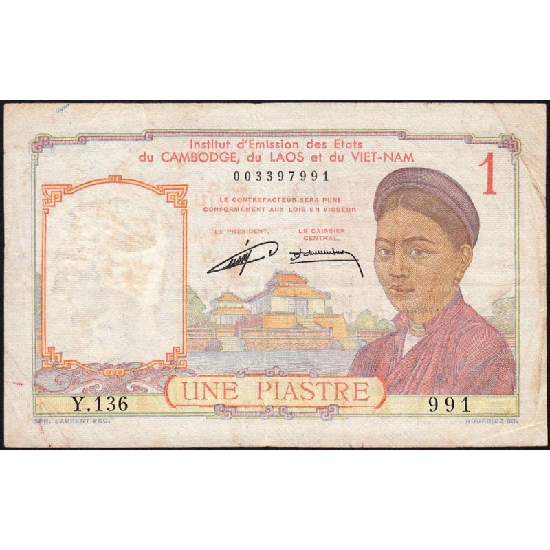 Indochine Française - Pick 92 - 1 piastre - Série Y.136 - 1953 - Etat : TB-