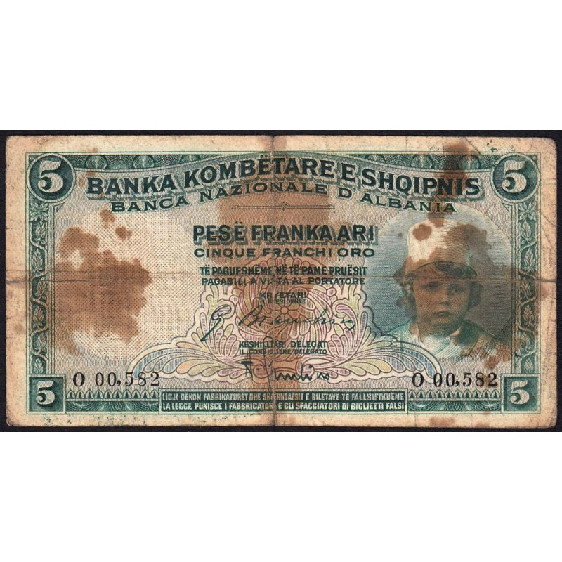 Albanie - Pick 2b - 5 franka ari - Série O - 1932 - Etat : AB