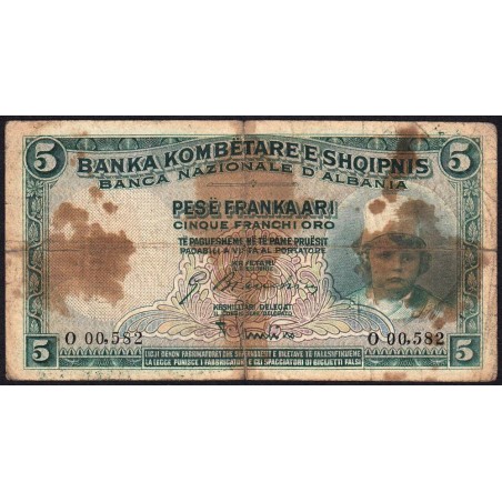 Albanie - Pick 2b - 5 franka ari - Série O - 1932 - Etat : AB