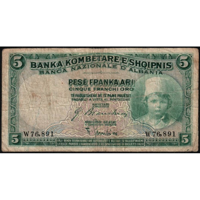 Albanie - Pick 2b - 5 franka ari - Série W - 1932 - Etat : TB-