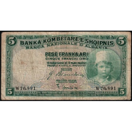 Albanie - Pick 2b - 5 franka ari - Série W - 1932 - Etat : TB-