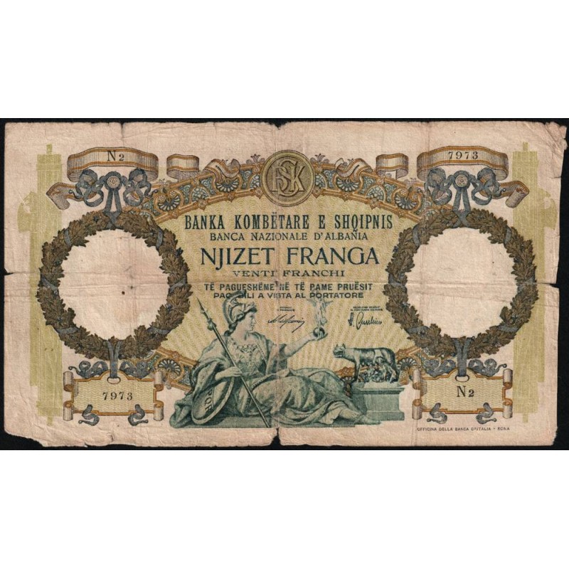 Albanie - Pick 7 - 20 franga - Série N2 - 1939 - Etat : AB