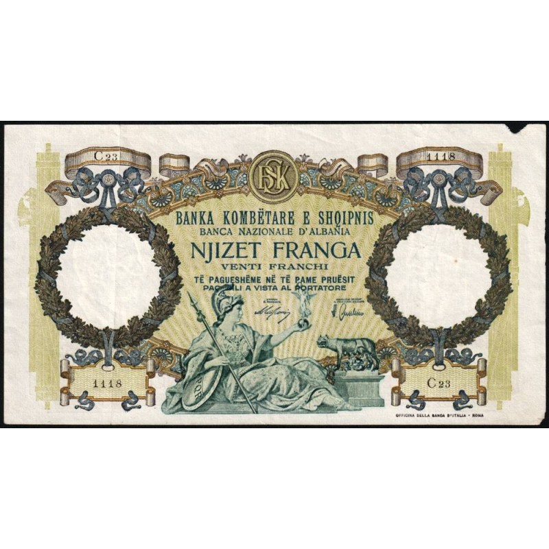 Albanie - Pick 7 - 20 franga - Série C23 - 1939 - Etat : TTB-