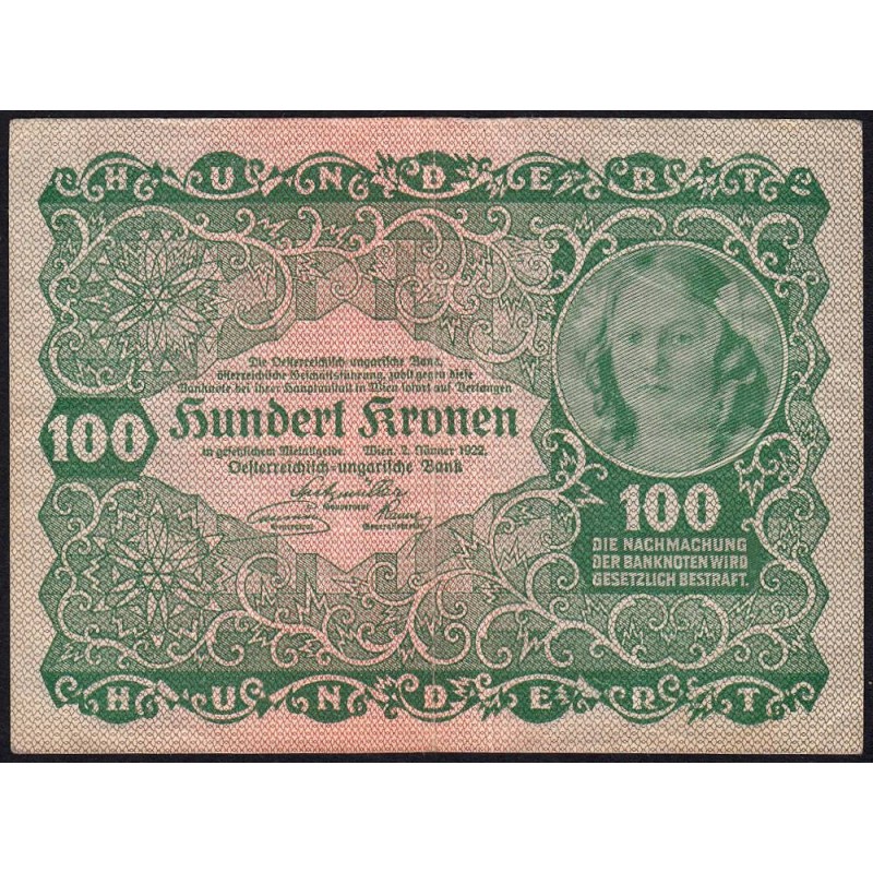 Autriche - Pick 77 - 100 kronen - Série 1027 - 02/01/1922 - Etat : TTB