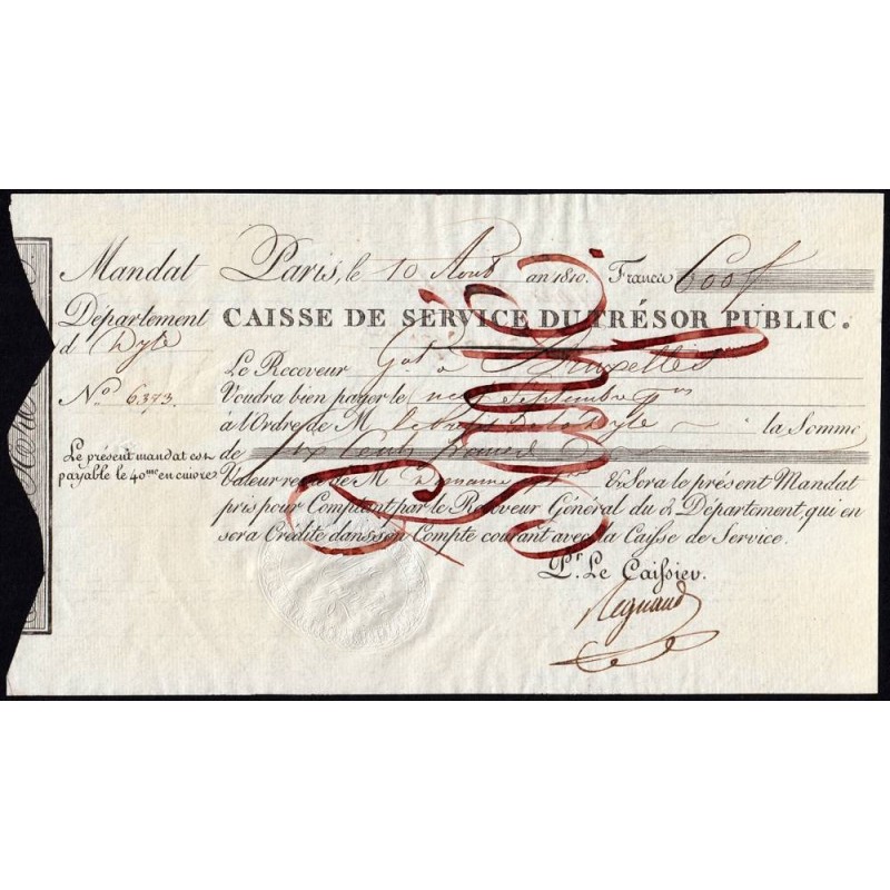 Département de la Dyle - Bruxelles - 1er Empire - 1810 - Mandat de 600 francs - Etat : SUP