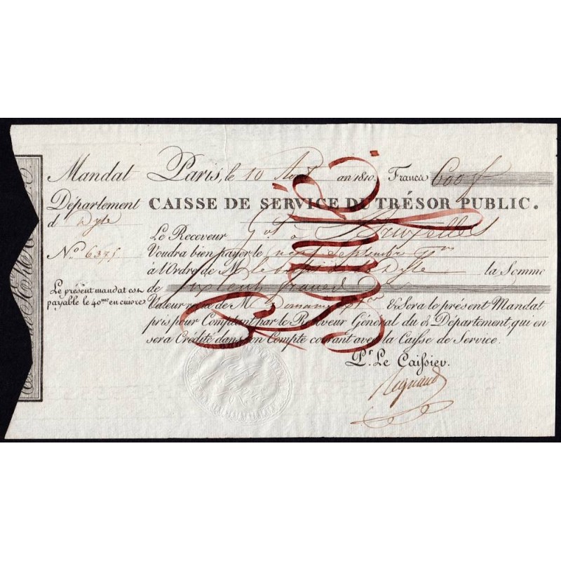 Département de la Dyle - Bruxelles - 1er Empire - 1810 - Mandat de 600 francs - Etat : SUP
