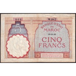 Maroc - Pick 23Ab - 5 francs - Série W.862 (remplacement) - 14/11/1941 - Etat : TTB-