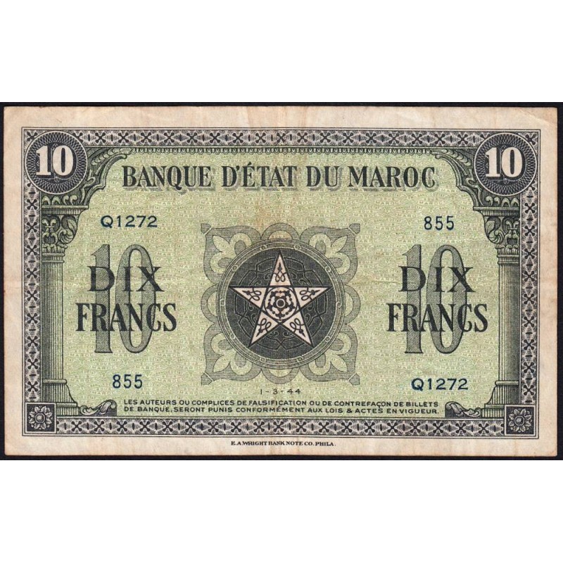 Maroc - Pick 25_3 - 10 francs - Série Q1272 - 01/03/1944 - Etat : TTB-