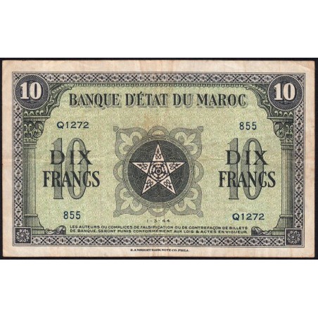 Maroc - Pick 25_3 - 10 francs - Série Q1272 - 01/03/1944 - Etat : TTB-