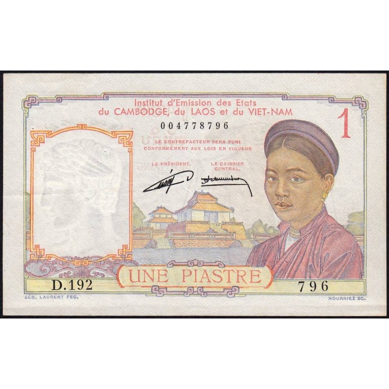 Indochine Française - Pick 92 - 1 piastre - Série D.192 - 1953 - Etat : SUP+