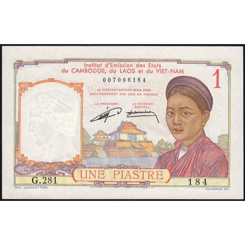 Indochine Française - Pick 92 - 1 piastre - Série G.281 - 1953 - Etat : SPL
