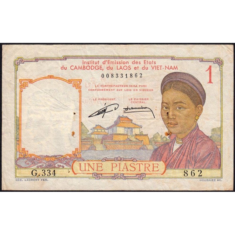 Indochine Française - Pick 92 - 1 piastre - Série G.334 - 1953 - Etat : TB