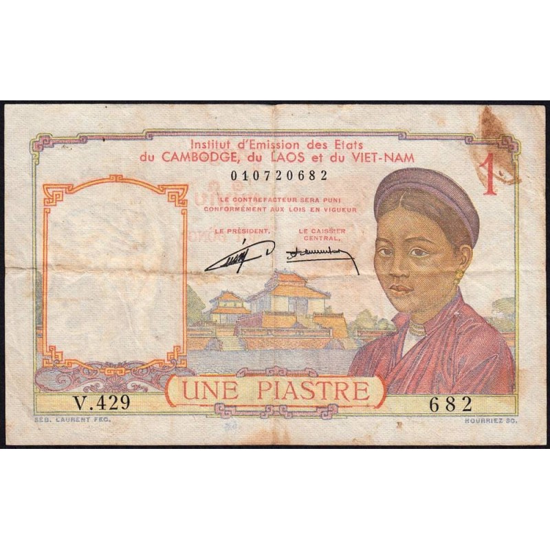 Indochine Française - Pick 92 - 1 piastre - Série V.429 - 1953 - Etat : TB-
