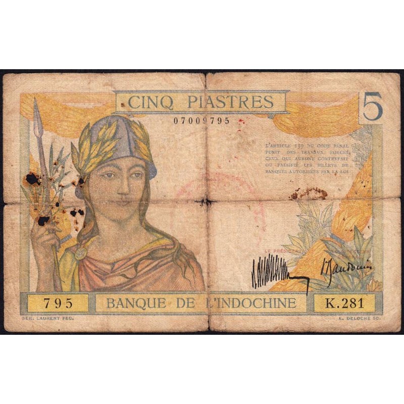 Indochine Française - Pick 55a - 5 piastres - Série K.281 - 1936 - Etat : B-