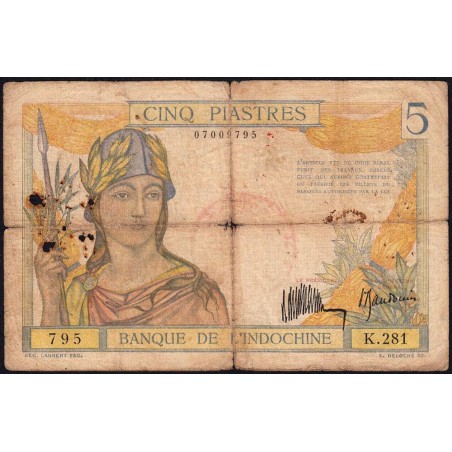 Indochine Française - Pick 55a - 5 piastres - Série K.281 - 1936 - Etat : B-