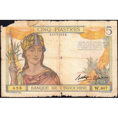 Indochine Française - Pick 55b - 5 piastres - Série W.607 (remplacement) - 1937 - Etat : AB