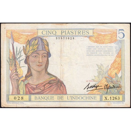 Indochine Française - Pick 55b - 5 piastres - Série X.1263 - 1937 - Etat : TB+