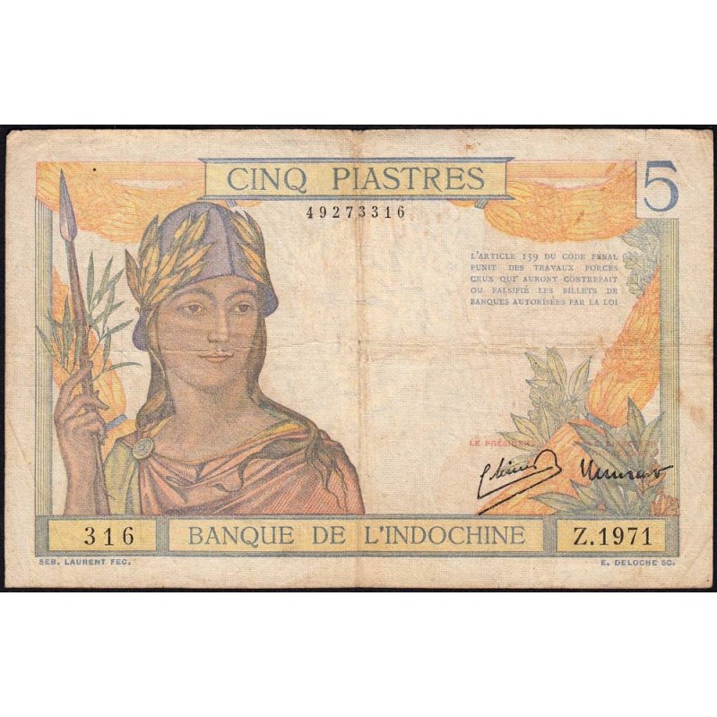 Indochine Française - Pick 55c - 5 piastres - Série Z.1971 - 1946 - Etat : TB