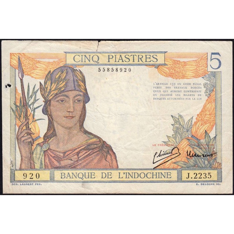 Indochine Française - Pick 55c - 5 piastres - Série J.2235 - 1946 - Etat : TB+