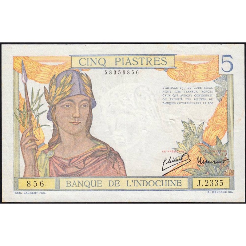 Indochine Française - Pick 55c - 5 piastres - Série J.2335 - 1946 - Etat : TTB+ à SUP