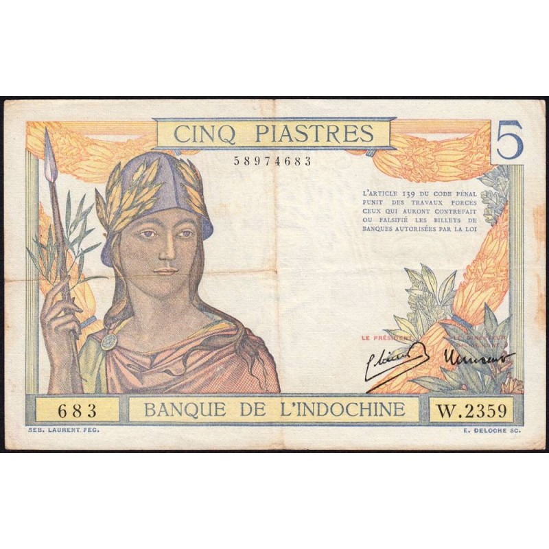 Indochine Française - Pick 55c - 5 piastres - Série W.2359 (remplacement) - 1946 - Etat : TTB-