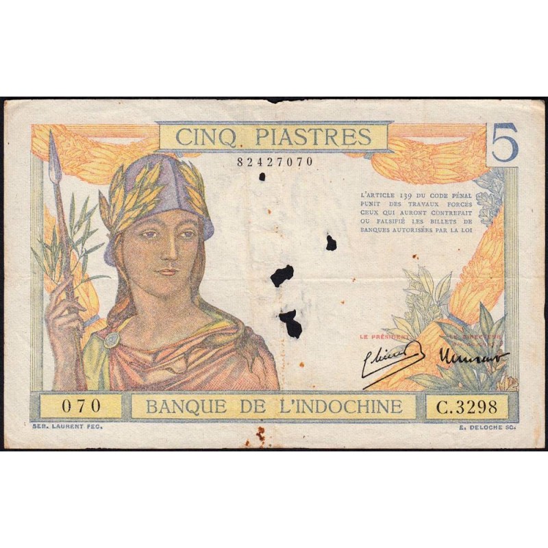 Indochine Française - Pick 55c - 5 piastres - Série C.3298 - 1946 - Etat : B