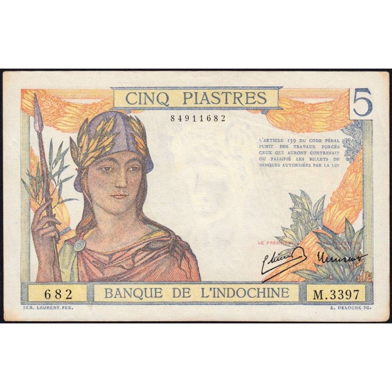 Indochine Française - Pick 55c - 5 piastres - Série M.3397 - 1946 - Etat : SUP+