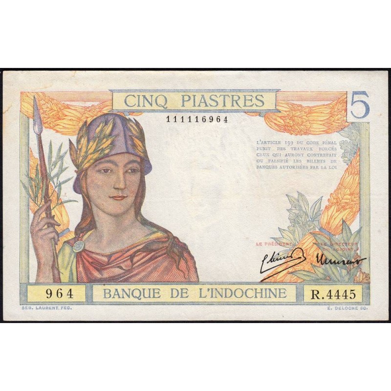 Indochine Française - Pick 55c - 5 piastres - Série R.4445 - 1946 - Etat : TTB+ à SUP