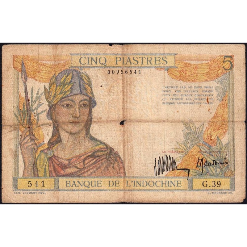 Indochine Française - Pick 53a - 5 piastres - Série G.39 - 1934 - Etat : TB-
