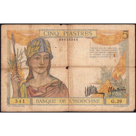 Indochine Française - Pick 53a - 5 piastres - Série G.39 - 1934 - Etat : TB-