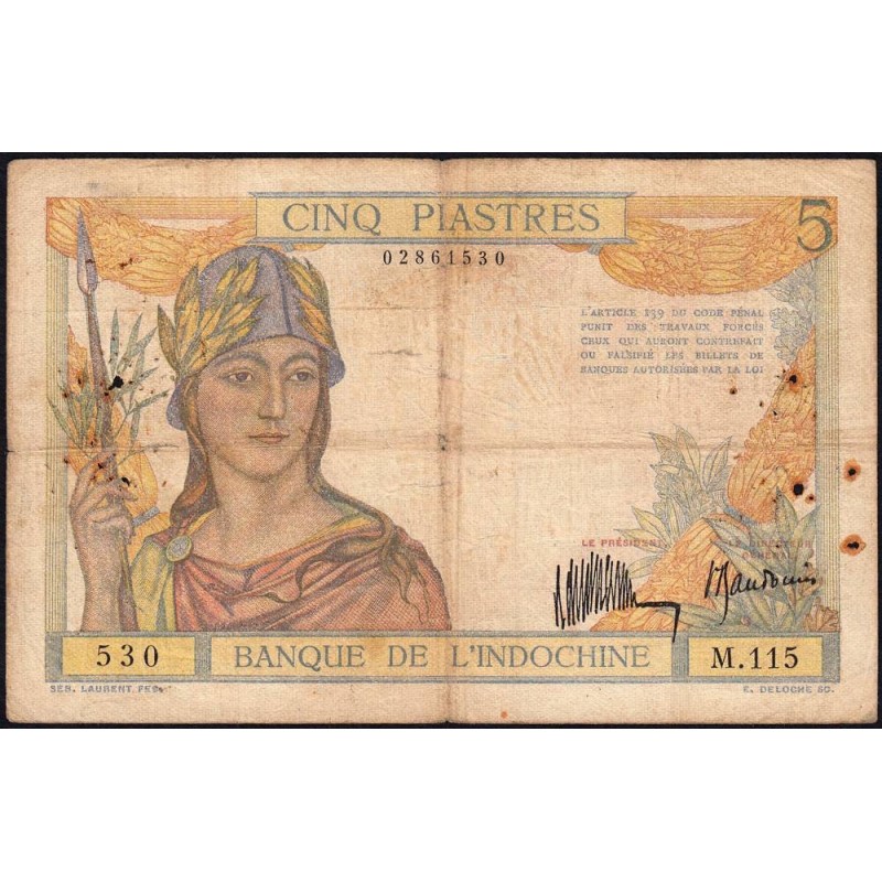 Indochine Française - Pick 53a - 5 piastres - Série M.115 - 1934 - Etat : TB-