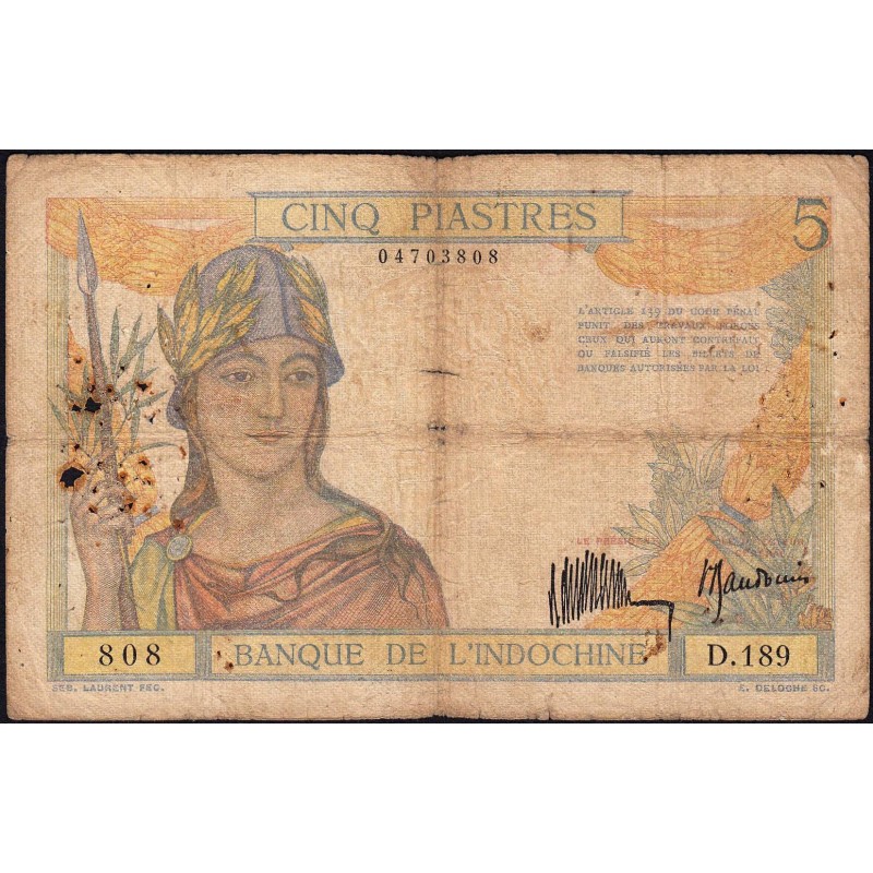 Indochine Française - Pick 53a - 5 piastres - Série D.189 - 1934 - Etat : B+