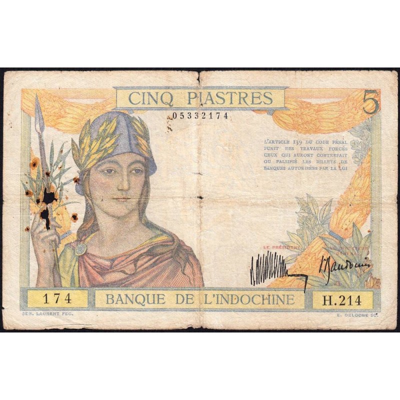 Indochine Française - Pick 53a - 5 piastres - Série H.214 - 1934 - Etat : TB-