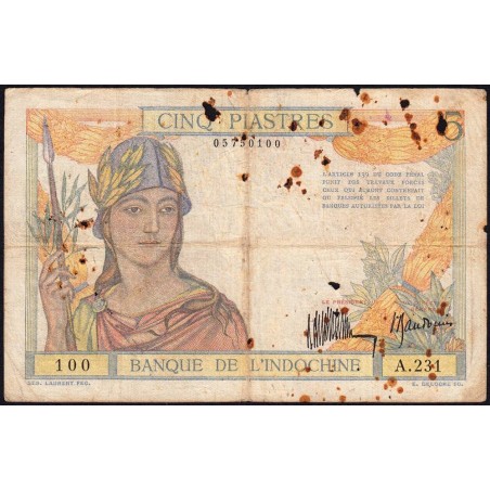 Indochine Française - Pick 53a - 5 piastres - Série A.231 - 1934 - Etat : B