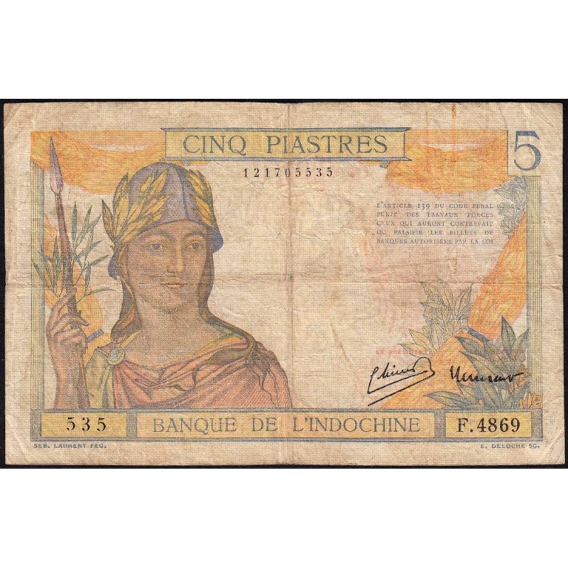 Indochine Française - Pick 55d - 5 piastres - Série F.4869 - 1946 - Etat : B