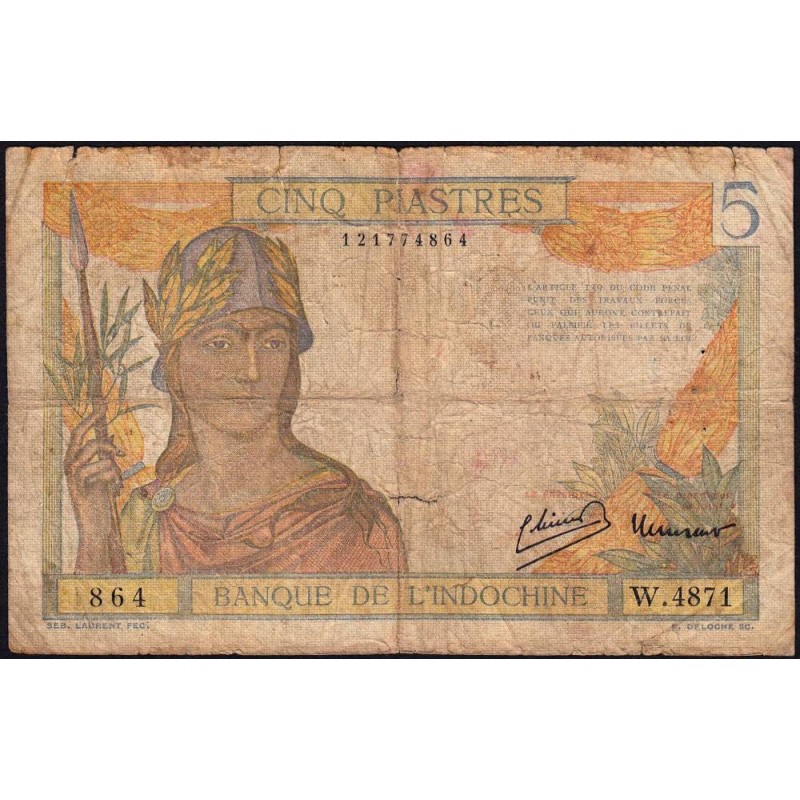 Indochine Française - Pick 55d - 5 piastres - Série W.4871 (remplacement) - 1946 - Etat : B-