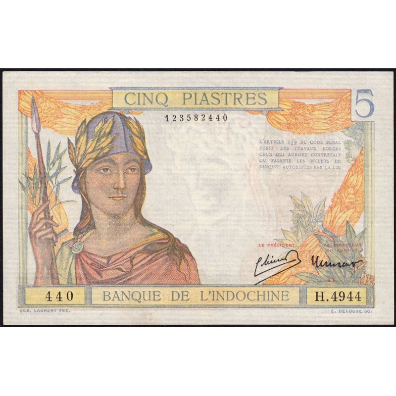 Indochine Française - Pick 55d - 5 piastres - Série H.4944 - 1946 - Etat : SPL+