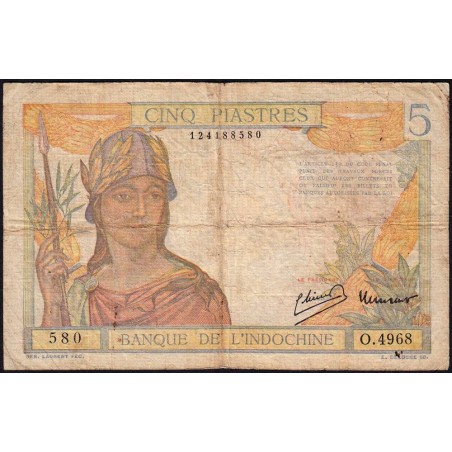 Indochine Française - Pick 55d - 5 piastres - Série O.4968 - 1946 - Etat : B