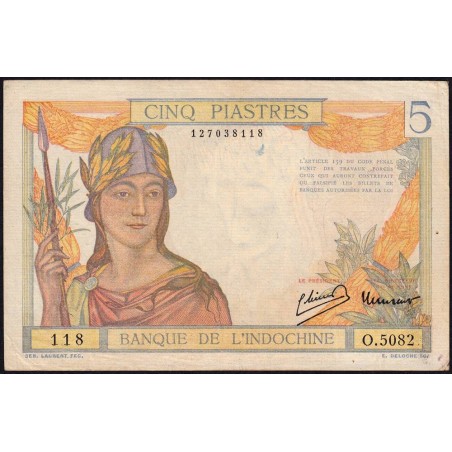 Indochine Française - Pick 55d - 5 piastres - Série O.5082 - 1946 - Etat : TTB