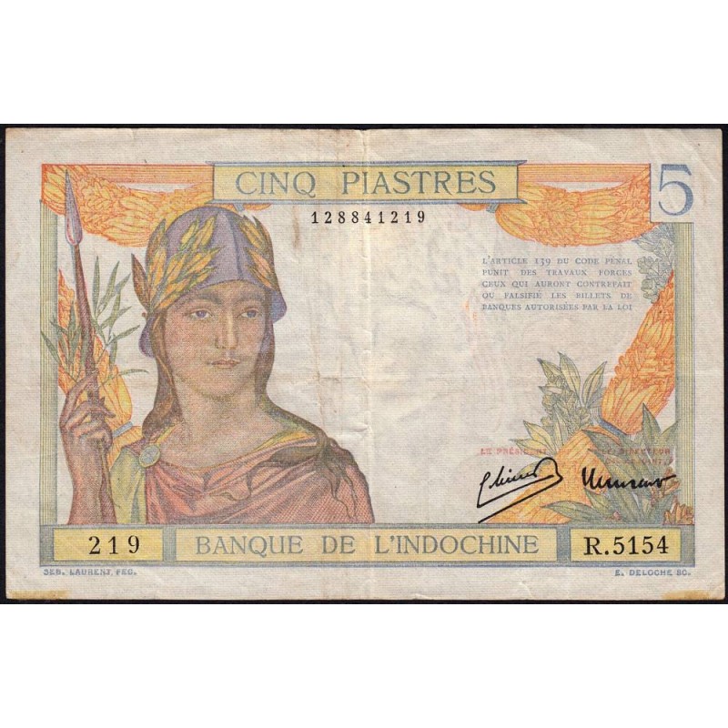 Indochine Française - Pick 55d - 5 piastres - Série R.5154 - 1946 - Etat : TB+