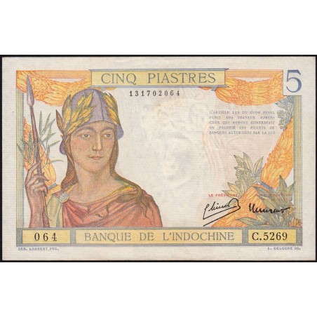 Indochine Française - Pick 55d - 5 piastres - Série C.5269 - 1946 - Etat : SPL