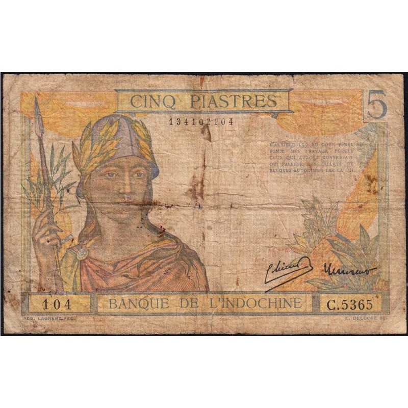 Indochine Française - Pick 55d - 5 piastres - Série C.5365 - 1946 - Etat : AB