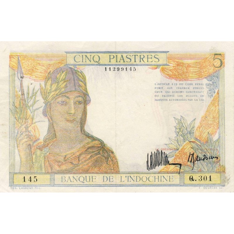 Indochine Française - Pick 53f - 5 piastres - Série Q.301 - 1934 - Faux - Etat : SUP