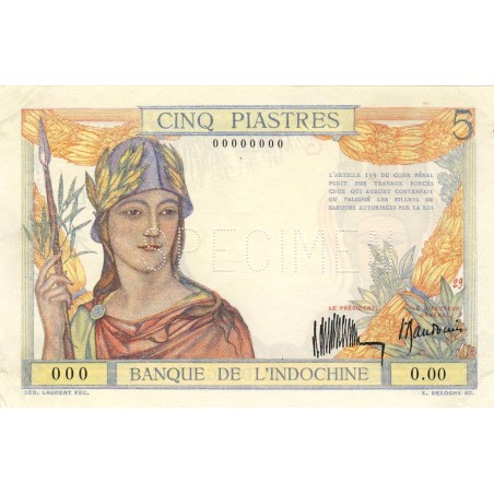 Indochine Française - Pick 53s - 5 piastres - Série 0.00 - 1934 - Spécimen - Etat : SUP+
