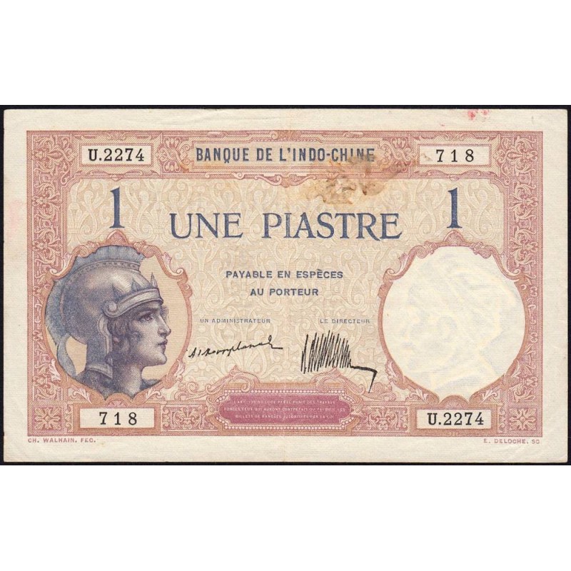Indochine Française - Pick 48a - 1 piastre - Série U.2274 - 1921 - Etat : TTB