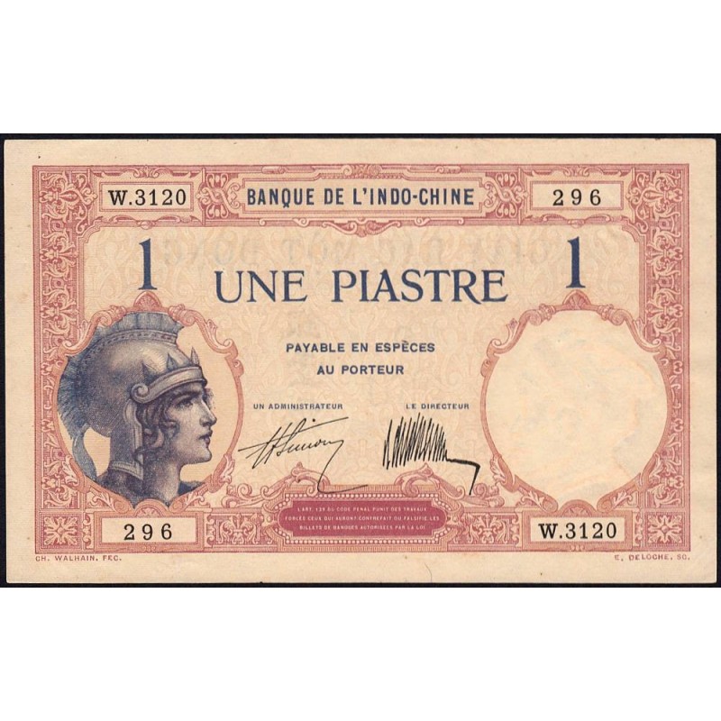 Indochine Française - Pick 48b - 1 piastre - Série W.3120 (remplacement) - 1927 - Etat : SPL