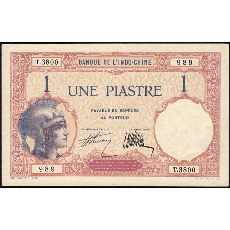 Indochine Française - Pick 48b - 1 piastre - Série T.3800 - 1927 - Etat : SUP