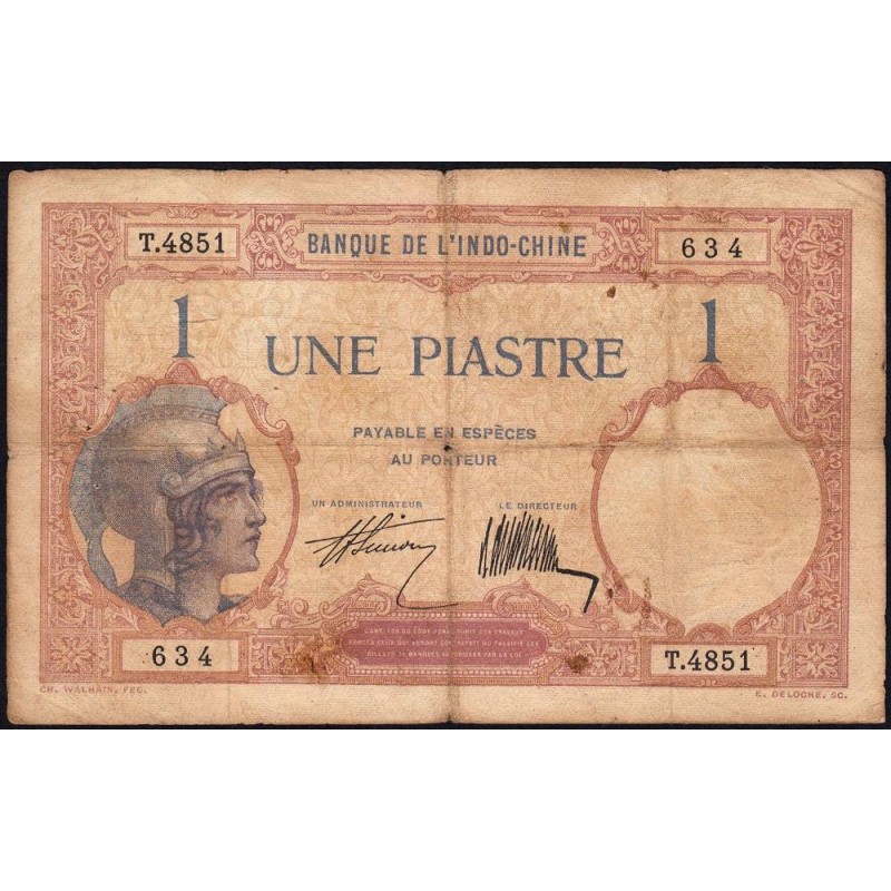 Indochine Française - Pick 48b - 1 piastre - Série T.4851 - 1927 - Etat : TB-
