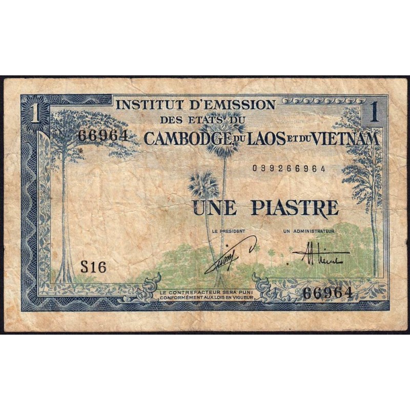 Indochine Française - Vietnam - Pick 105 - 1 piastre - Série S16 - 1954 - Etat : B+